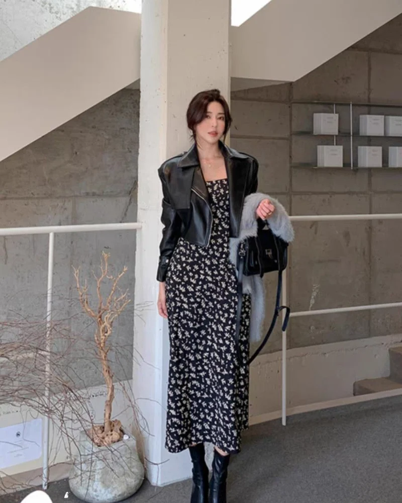 Cropped Leather Jacket Over a Floral Slip Dress