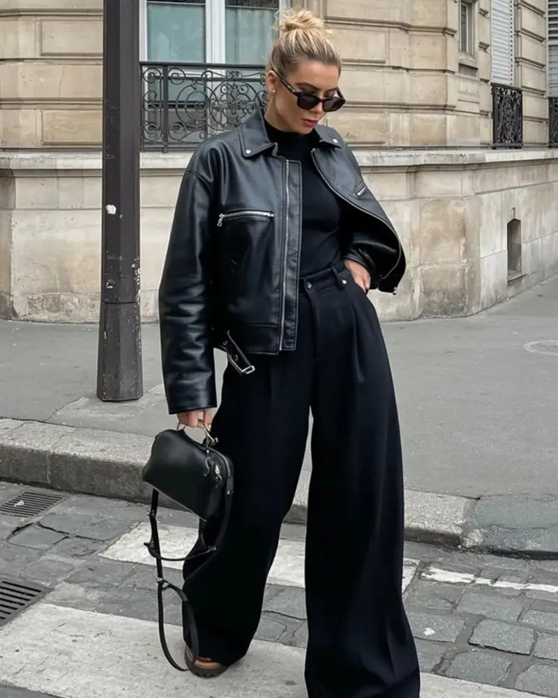 Cropped Leather Jacket With Wide-Leg Trousers