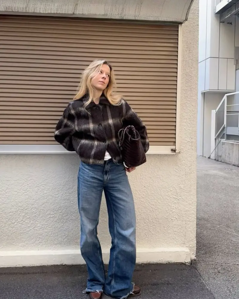 Cropped Plaid Jacket and Straight Denim