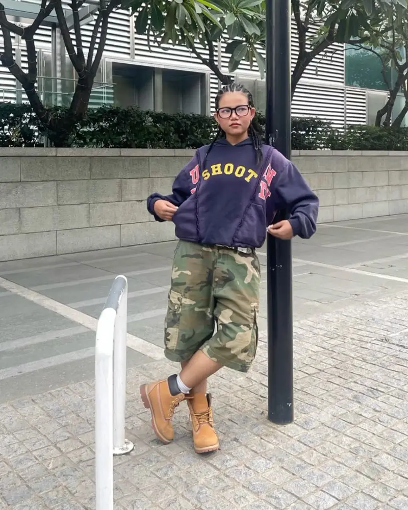 Cropped Varsity Jacket Meets Camo Cargo Shorts