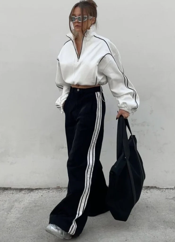 Cropped White Track Top & Striped Trousers