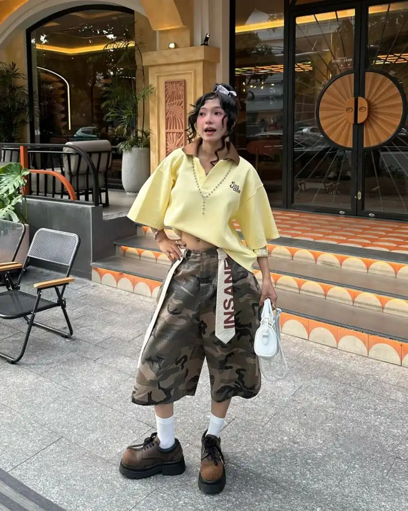 Cropped Yellow Top with Camo Culottes