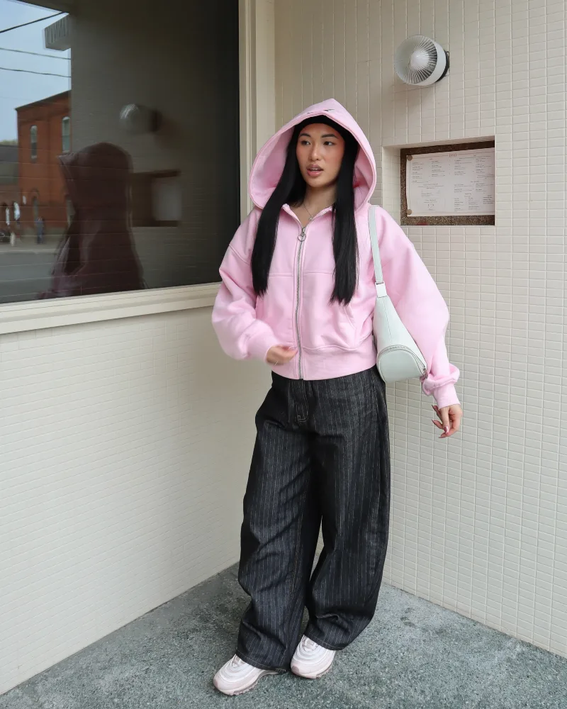 Cropped Zip Hoodie + Pinstripe Wide-Leg Pants