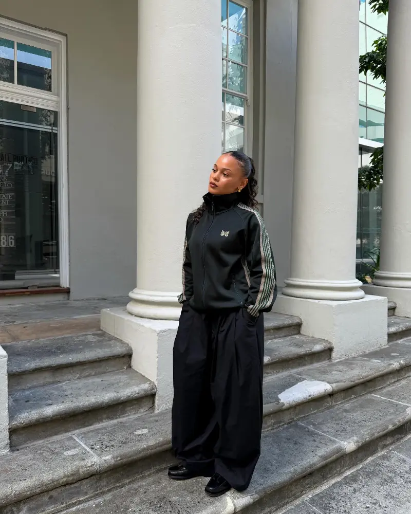 Dark Green Track Jacket, Black Wide Trousers