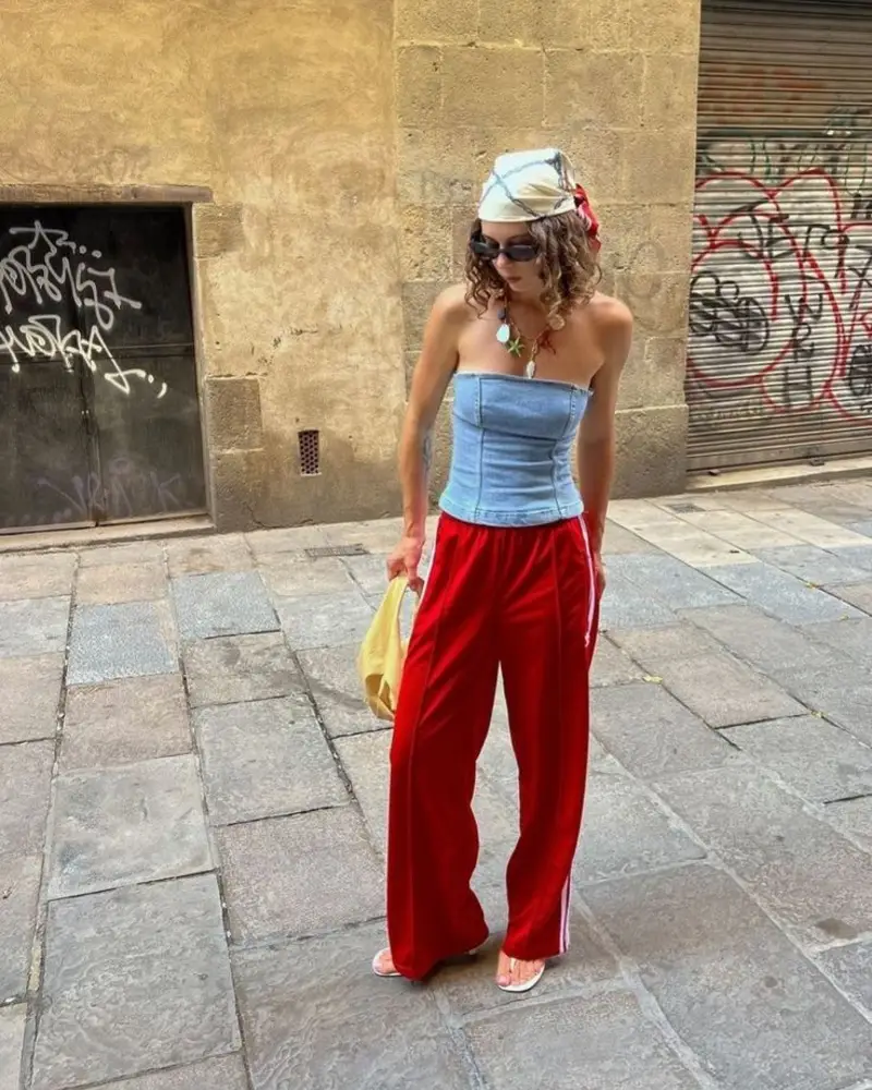 Denim Corset & Red Track Pants