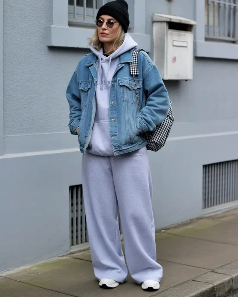 Denim Jacket + Hoodie + Lavender Sweatpants