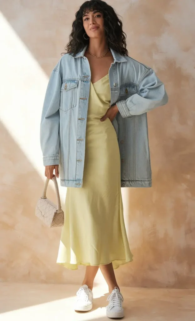 Denim Jacket Over Yellow Slip Dress