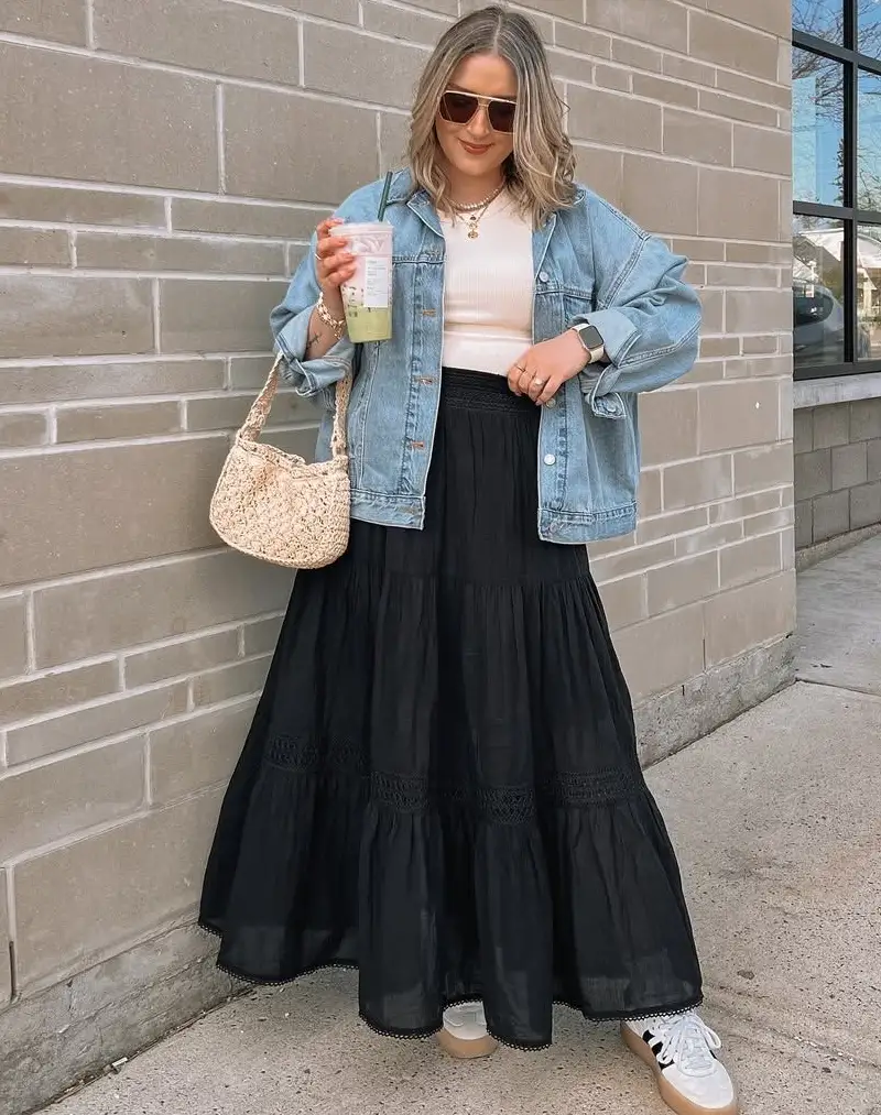 Denim Jacket & Tiered Maxi Skirt