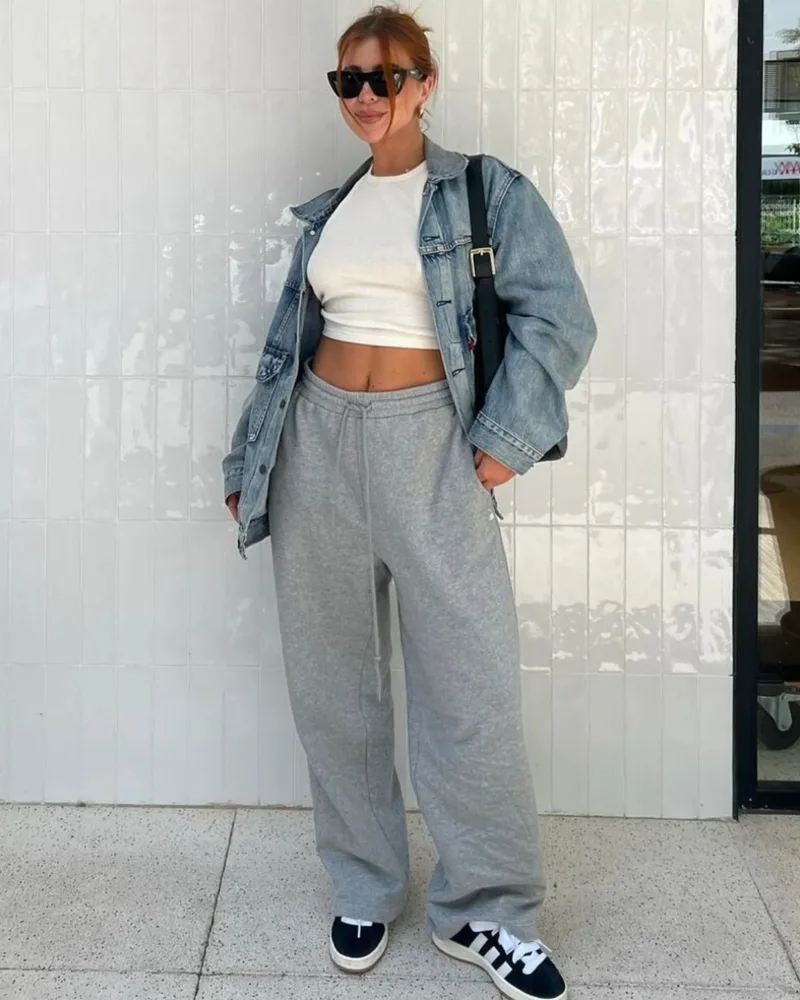 Denim Jacket + White Crop Top + Grey Sweatpants