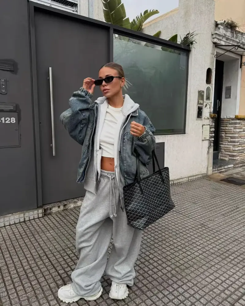 Denim Jacket + White Hoodie + Grey Sweatpants