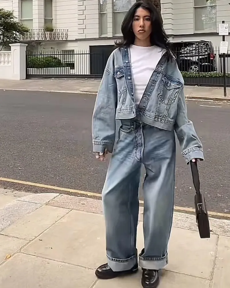 Denim Jacket, White Tee & Wide-Leg Jeans