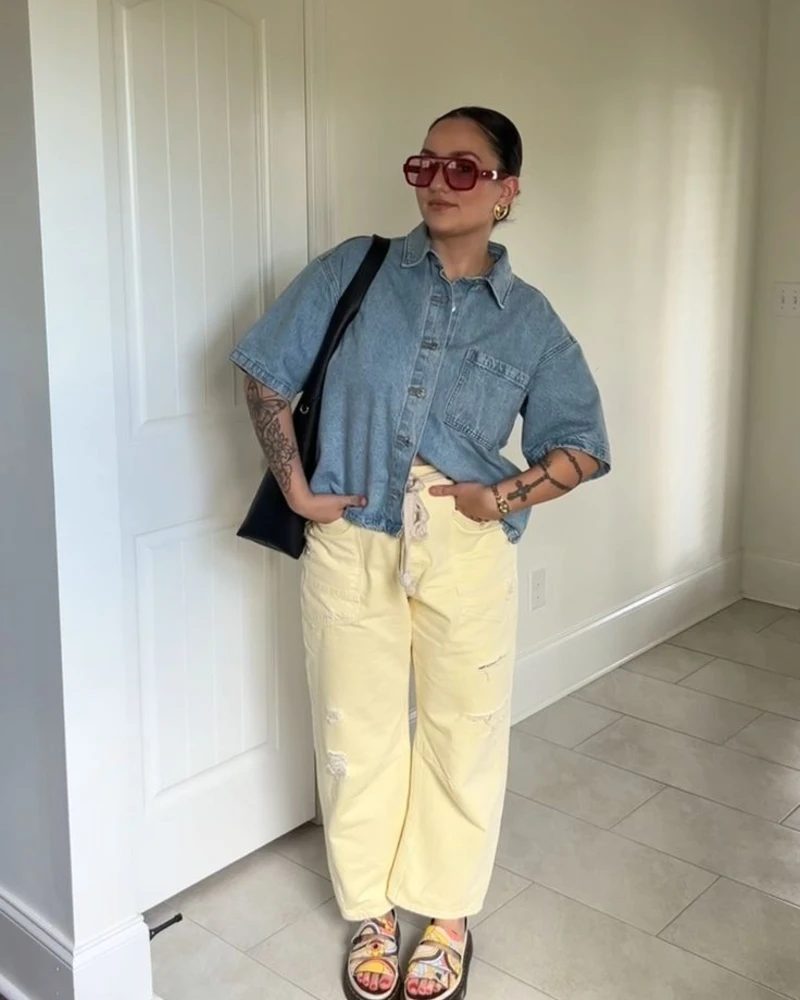 Denim Shirt & Pale Yellow Pants