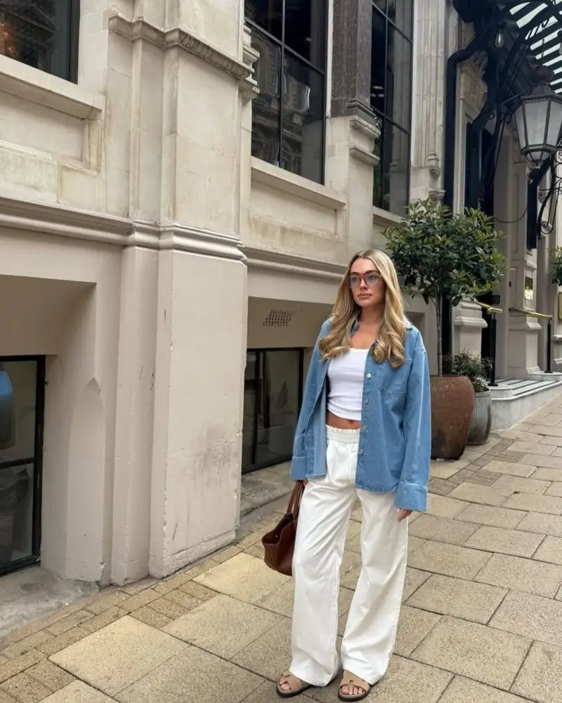 Denim Shirt with Cream Wide-Leg Trousers