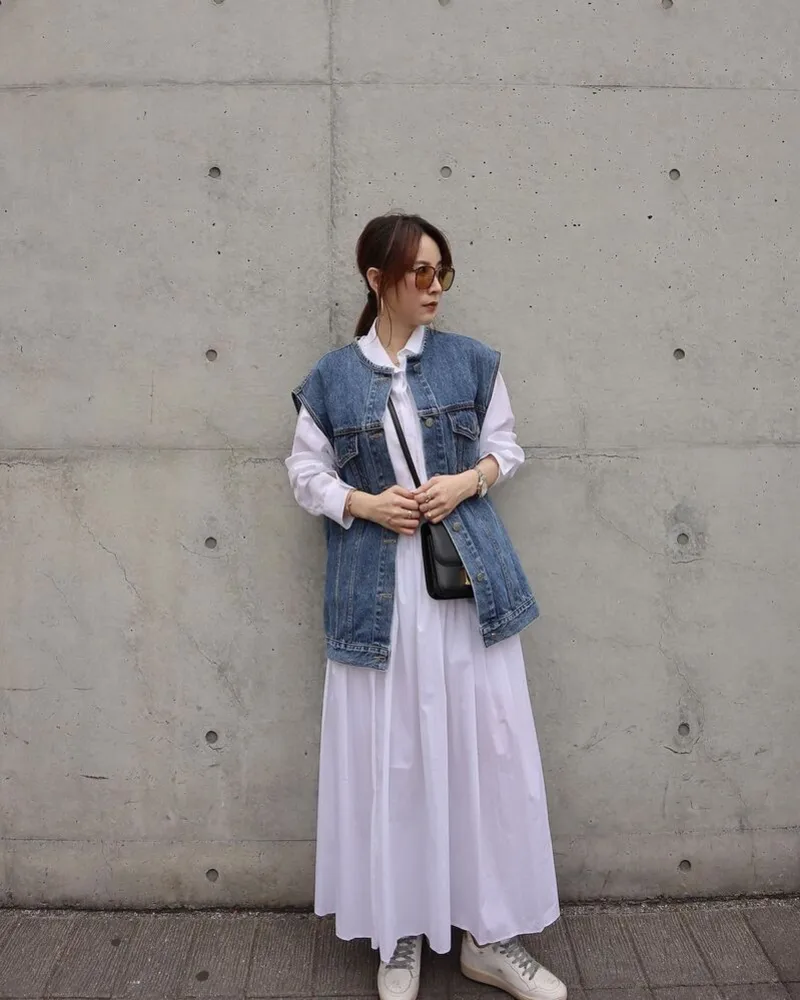 Denim Vest & White Shirtdress