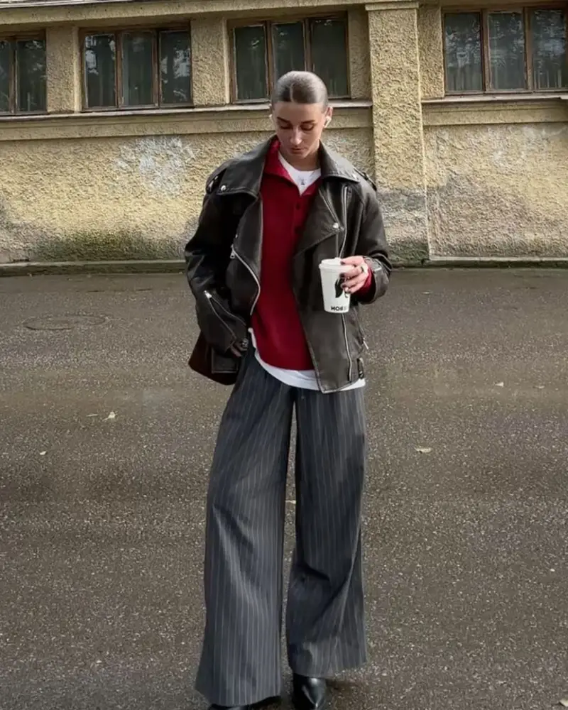  Distressed Leather Biker Jacket and Pinstripe Trousers