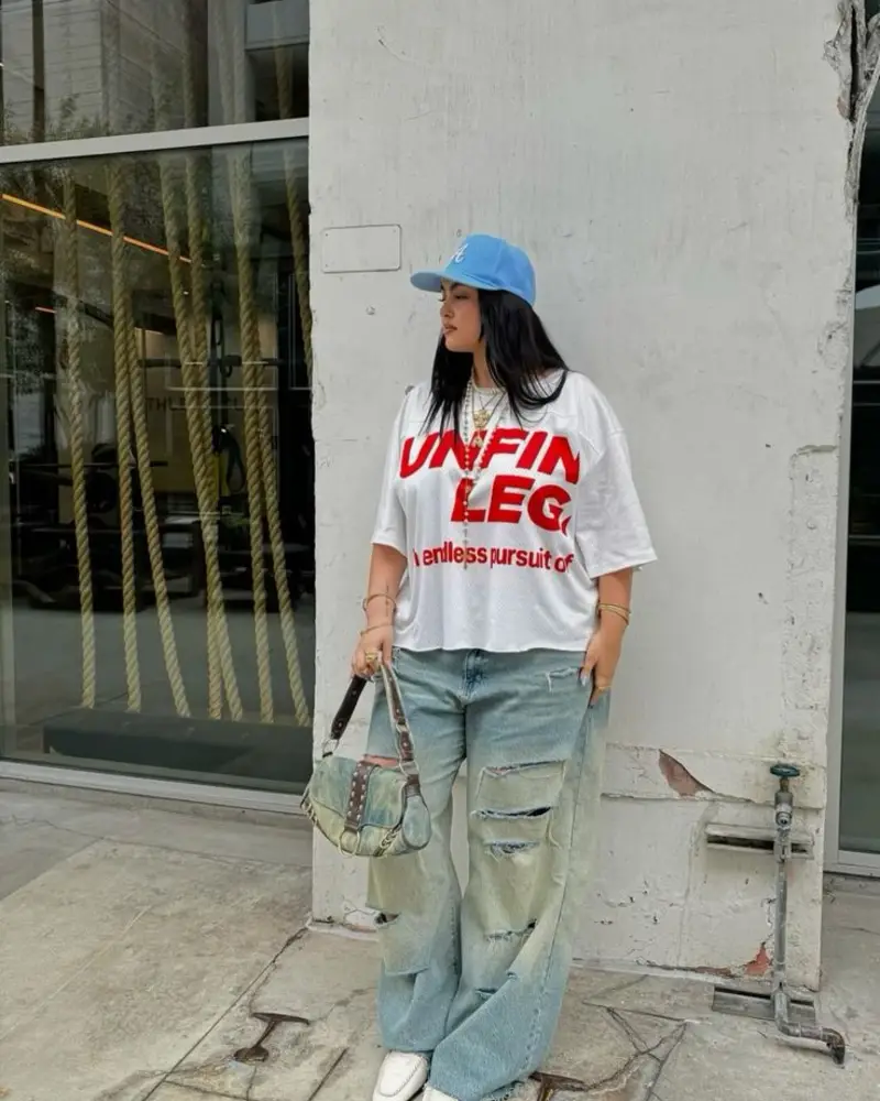 Distressed Wide-Leg Jeans with a Bold Slogan Tee