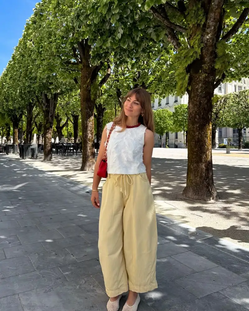 Embroidered Top & Pale Yellow Trousers