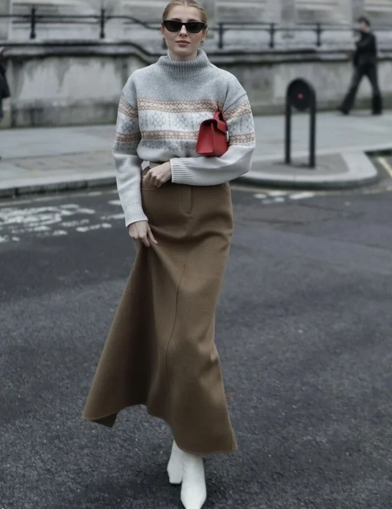 Fair Isle Sweater & Camel Maxi Skirt