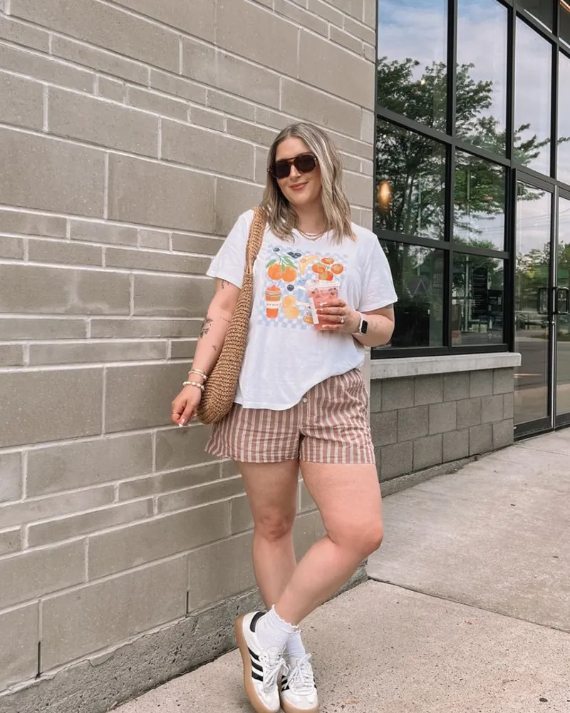  Fruit Graphic Tee, Striped Shorts, and Platform Sambas
