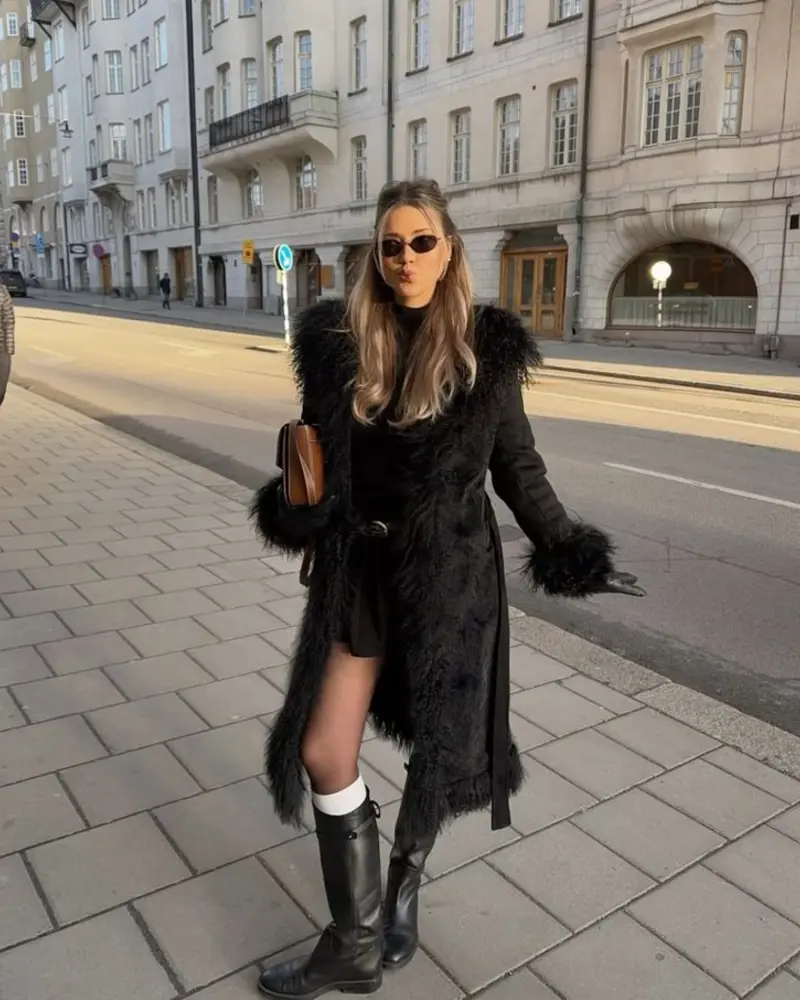 Fur-Trimmed Coat Over a Mini Dress