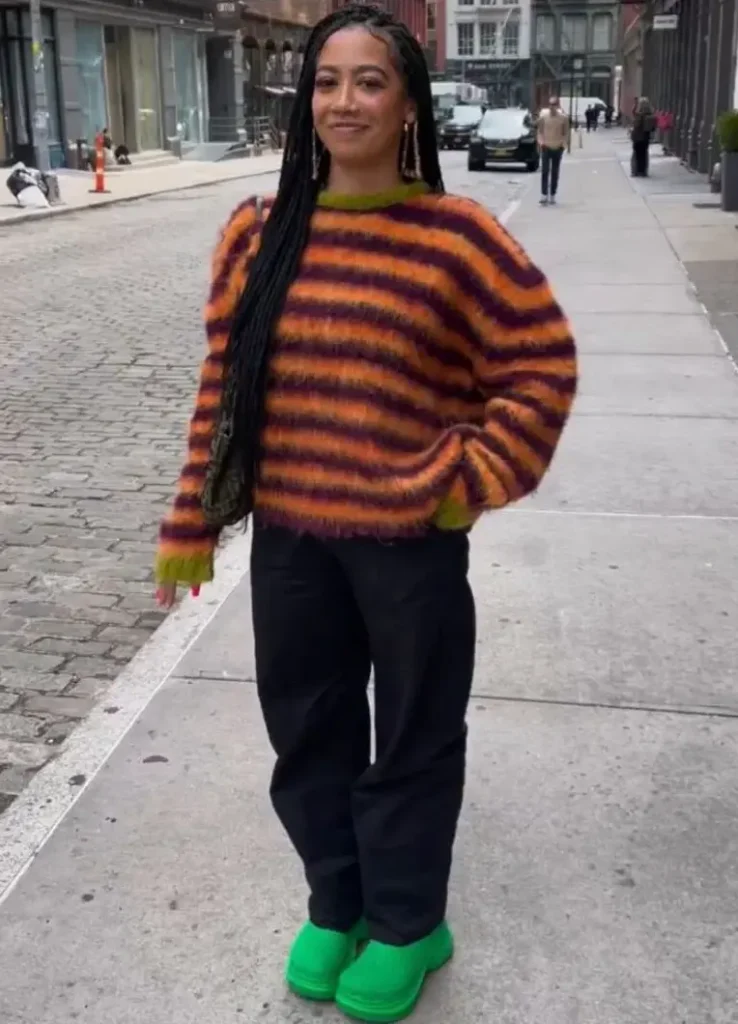 Fuzzy Striped Sweater & Straight Black Trousers