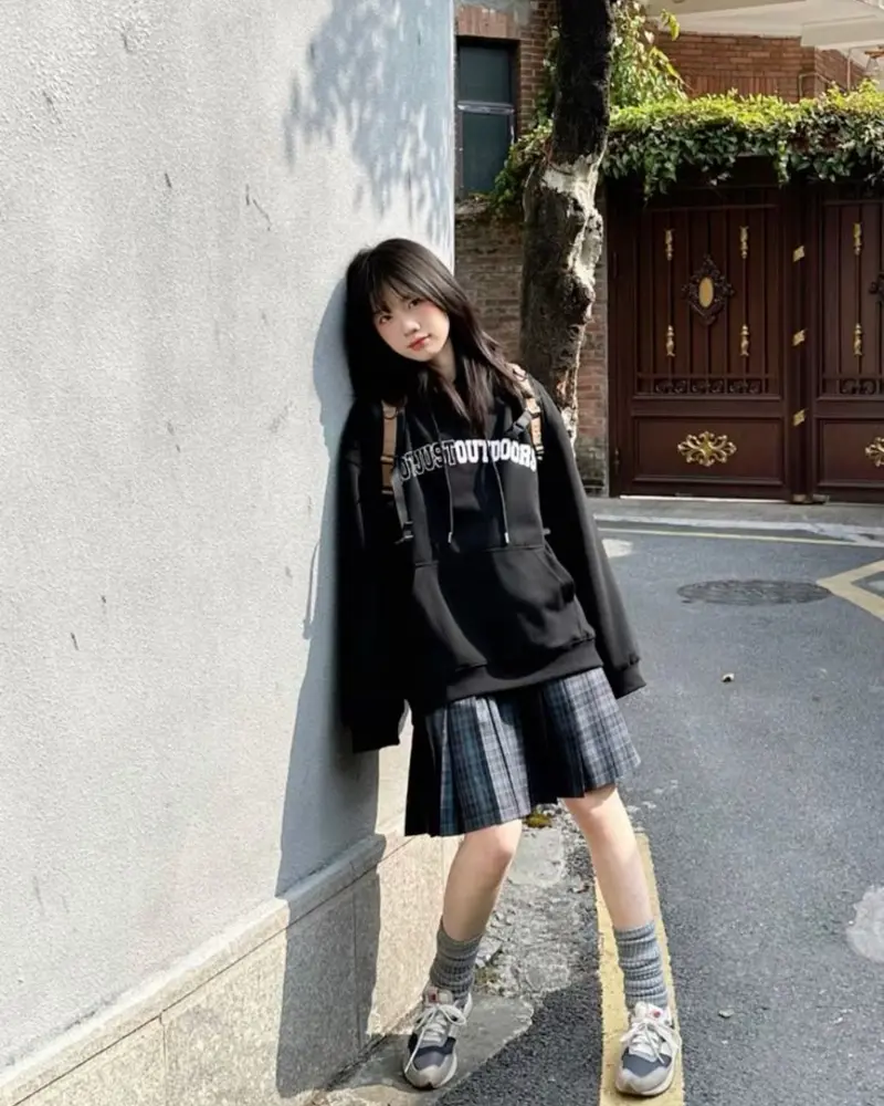 Graphic Hoodie & Plaid Skirt