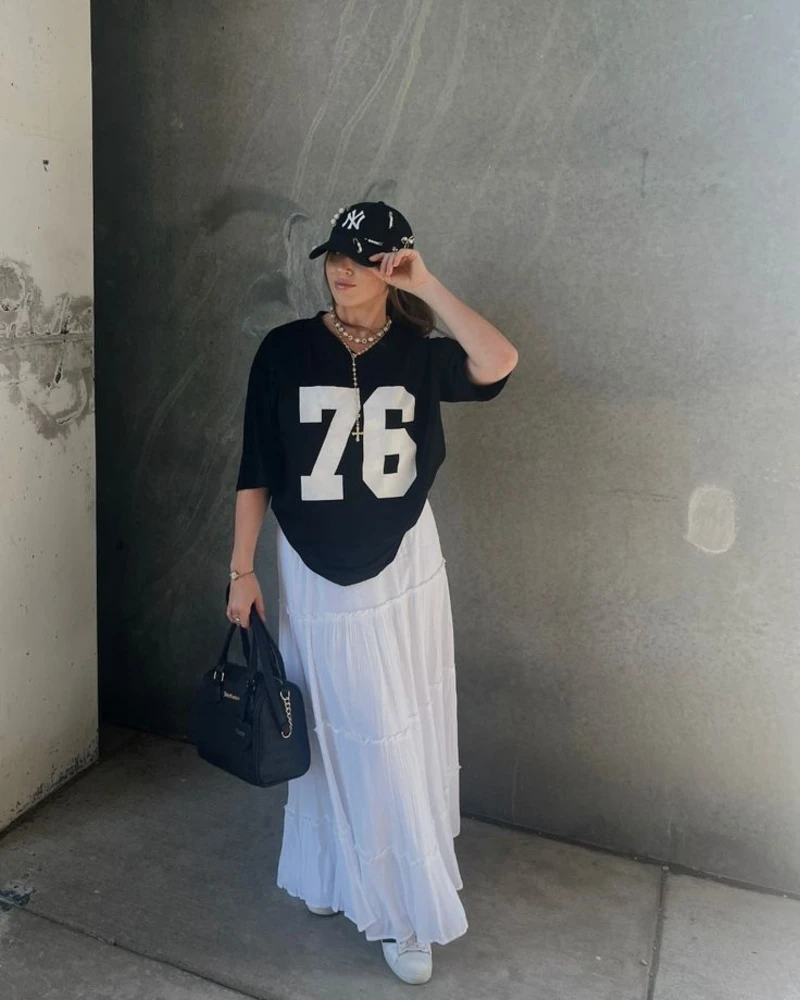 Graphic Jersey Tee + Tiered Maxi Skirt