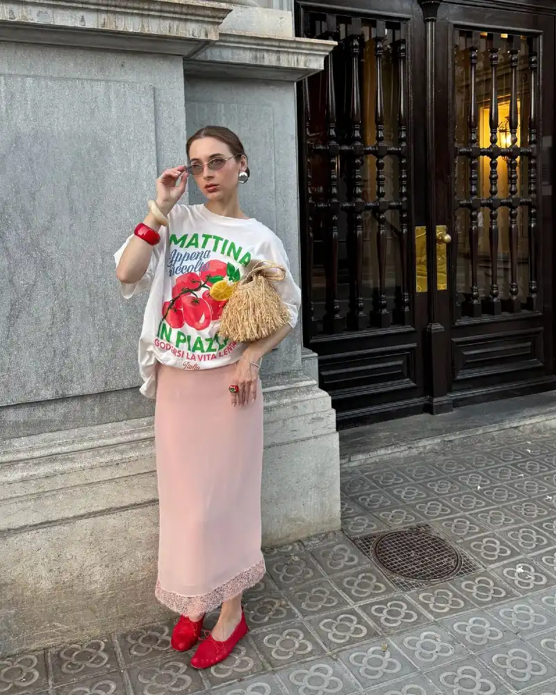 Graphic Oversized Tee & Blush Pink Slip Skirt