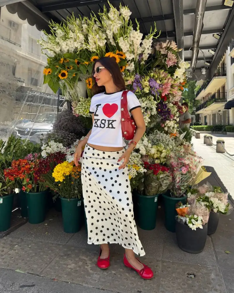 Graphic Ringer Tee & Polka Dot Maxi Skirt