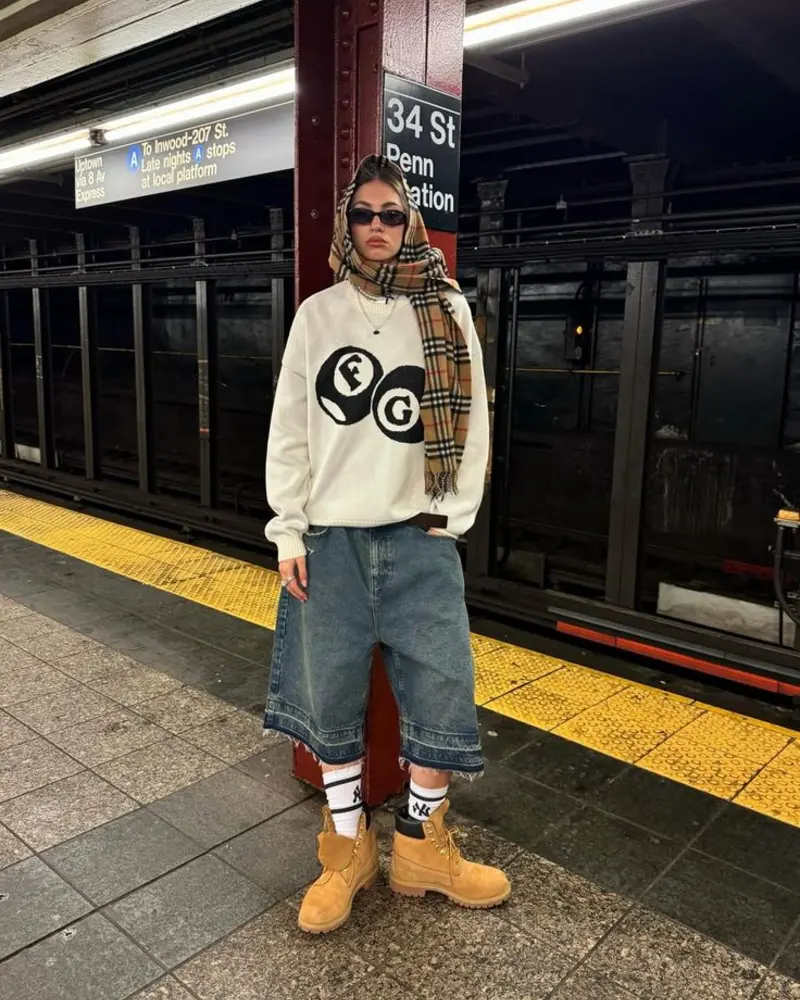 Graphic Sweater and Frayed Denim Shorts on the Platform