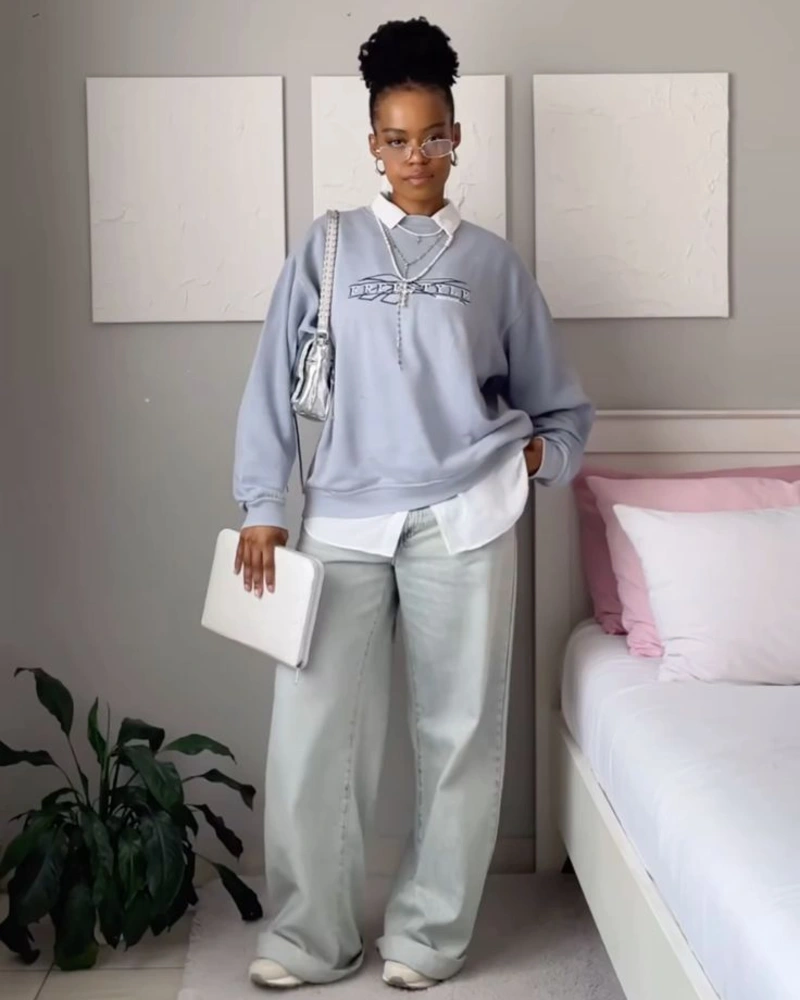 Graphic Sweatshirt + Collared Shirt + Wide Denim