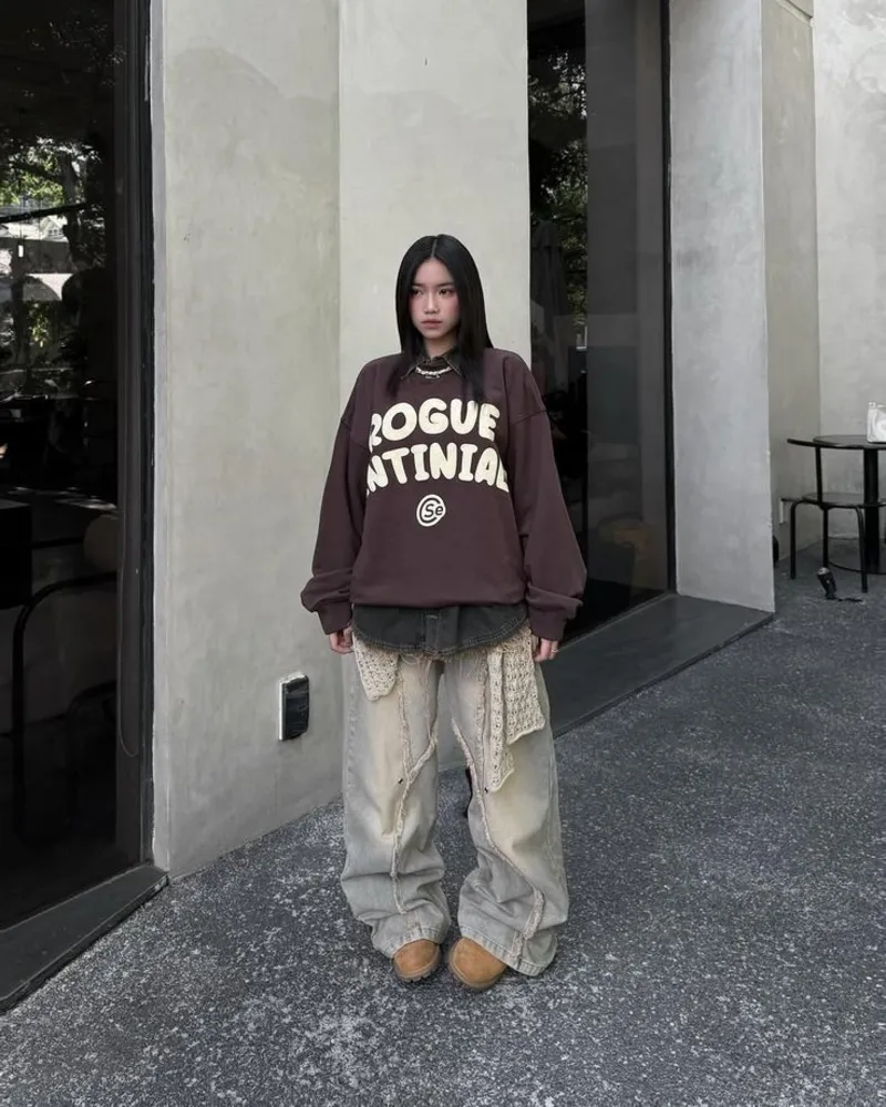 Graphic Sweatshirt + Layered Denim + Cream Wide Jeans