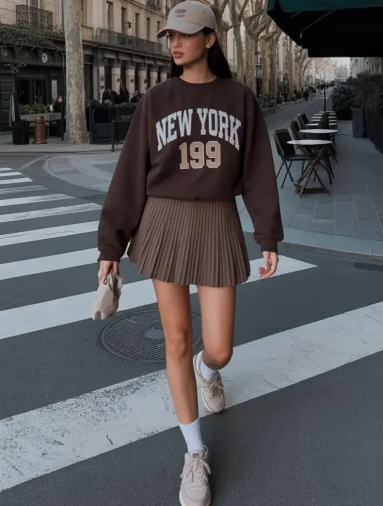 Graphic Sweatshirt, Pleated Skirt, Sneakers, Cap