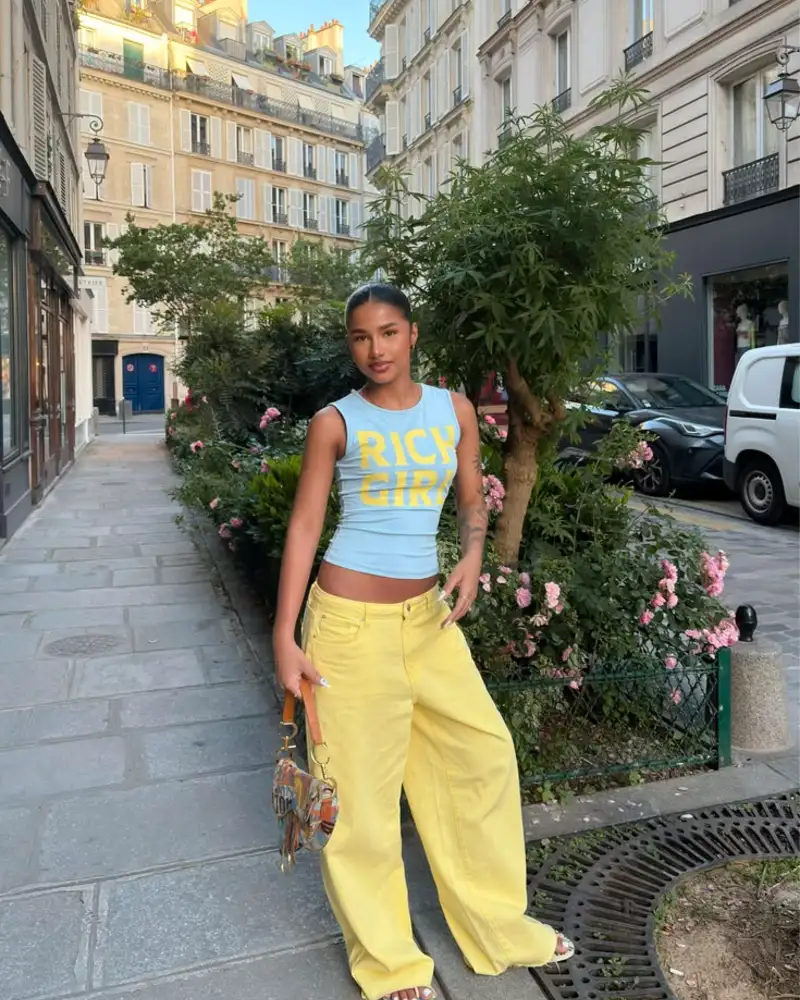 Graphic Tank & Yellow Wide-Leg Jeans