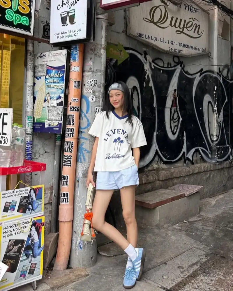  Graphic Tee + Baby Blue Shorts