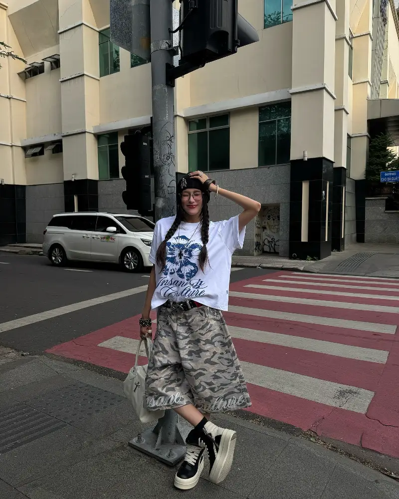 Graphic Tee + Camo Shorts