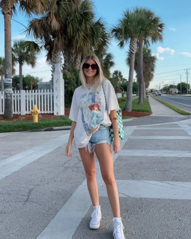 Graphic Tee, Denim Shorts, High Top Sneakers