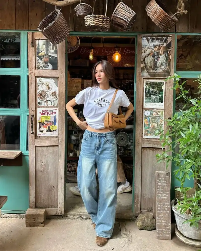 Graphic Tee & Light Wash Wide Jeans