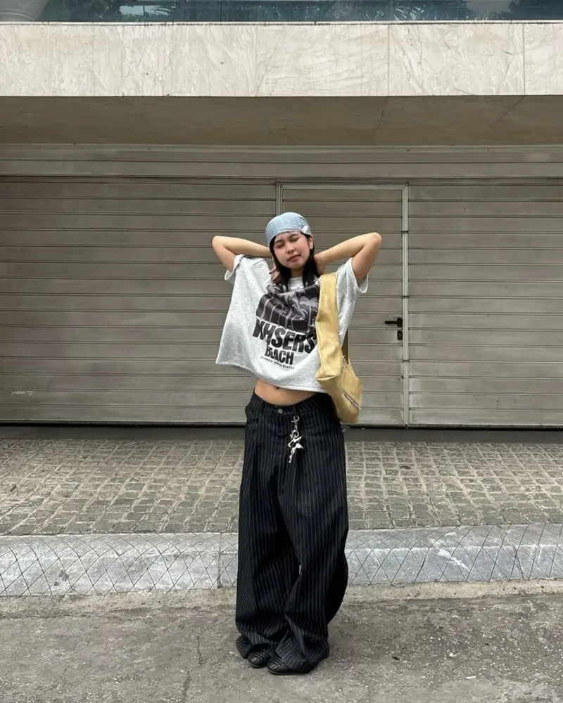 Graphic Tee & Pinstripe Wide-Leg Trousers