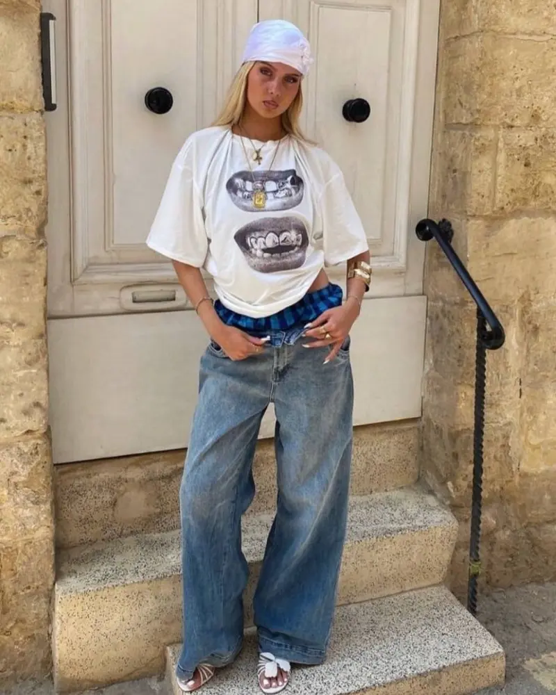 Graphic Tee & Plaid-Tied Waist