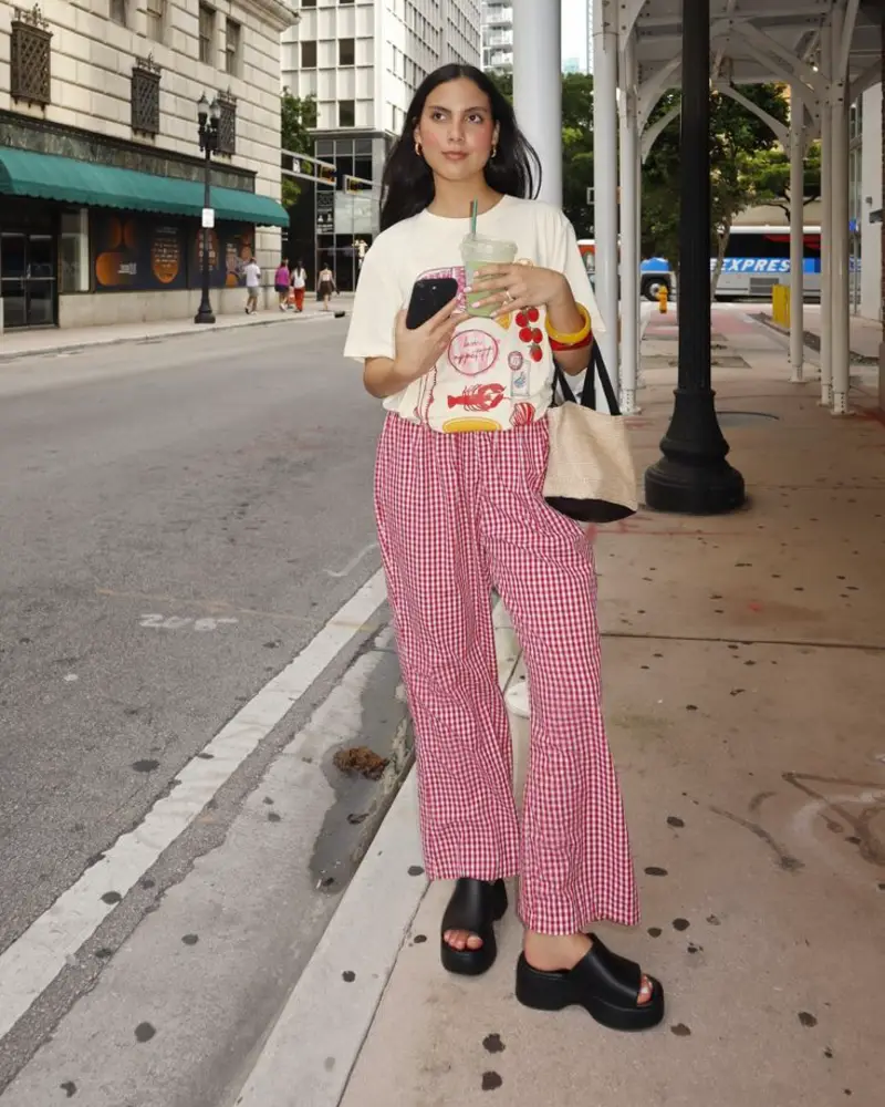 Graphic Tee & Red Gingham Pants