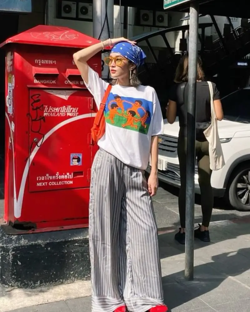 Graphic Tee + Striped Wide-Leg Pants