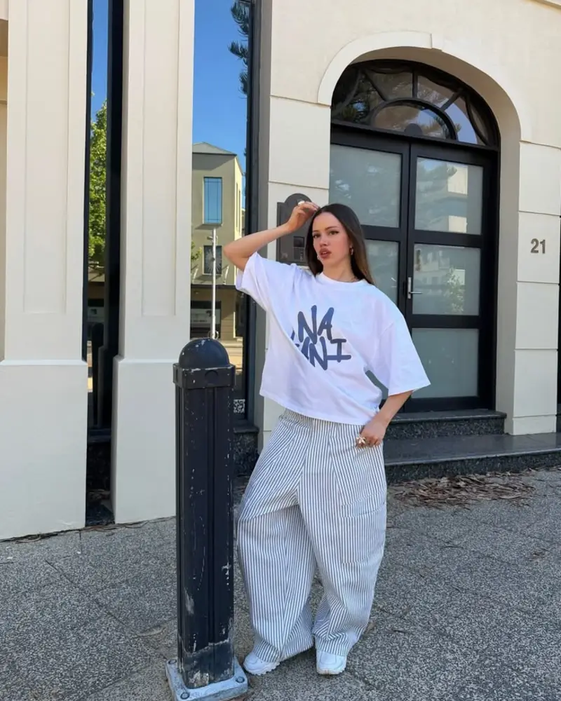 Graphic Tee & Striped Wide-Leg Pants