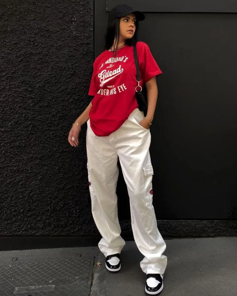 Graphic Tee + White Cargo Pants