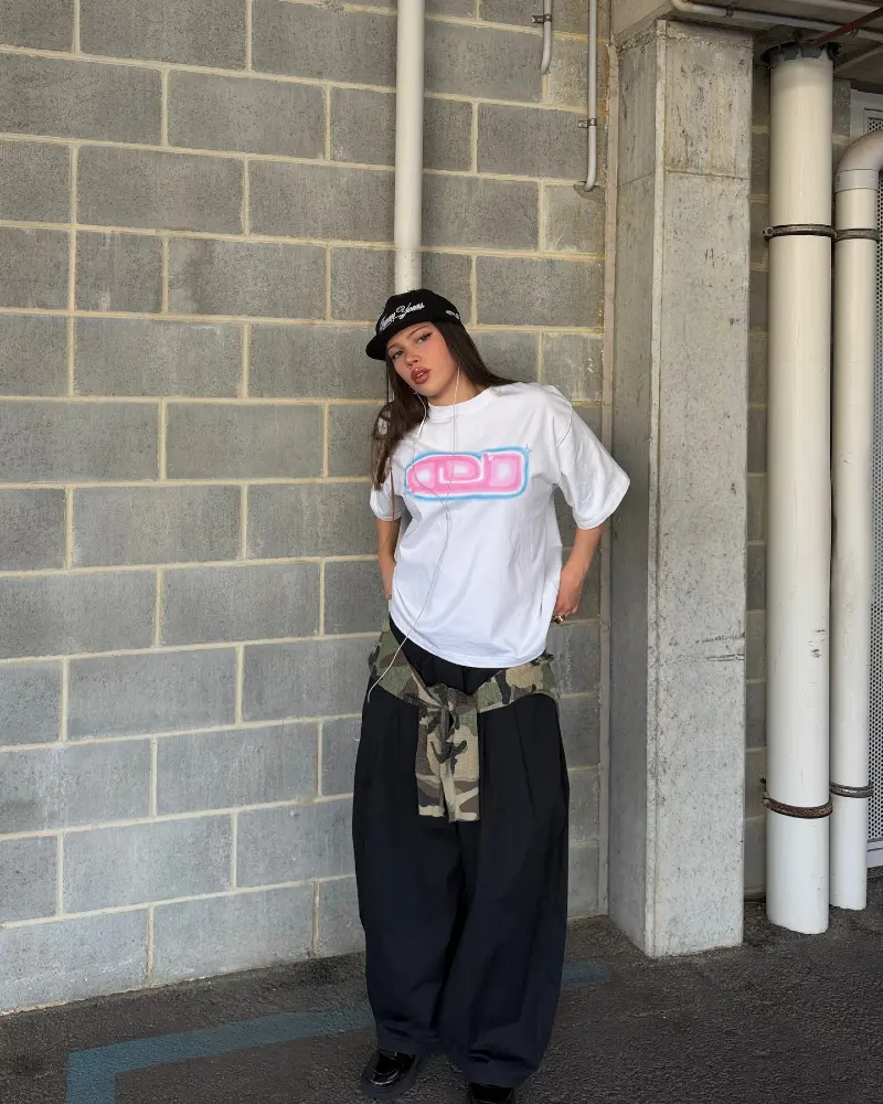  Graphic tee + Camo-Tied Trousers