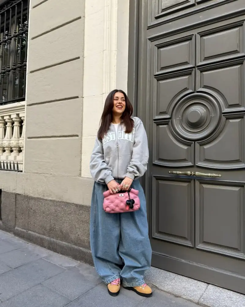 Gray Hoodie, Baggy Denim, and a Pop of Pink