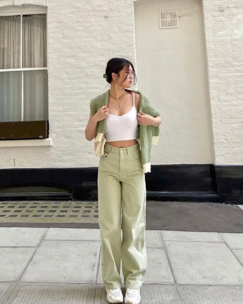 Green Cardigan + Matching Wide-Leg Jeans