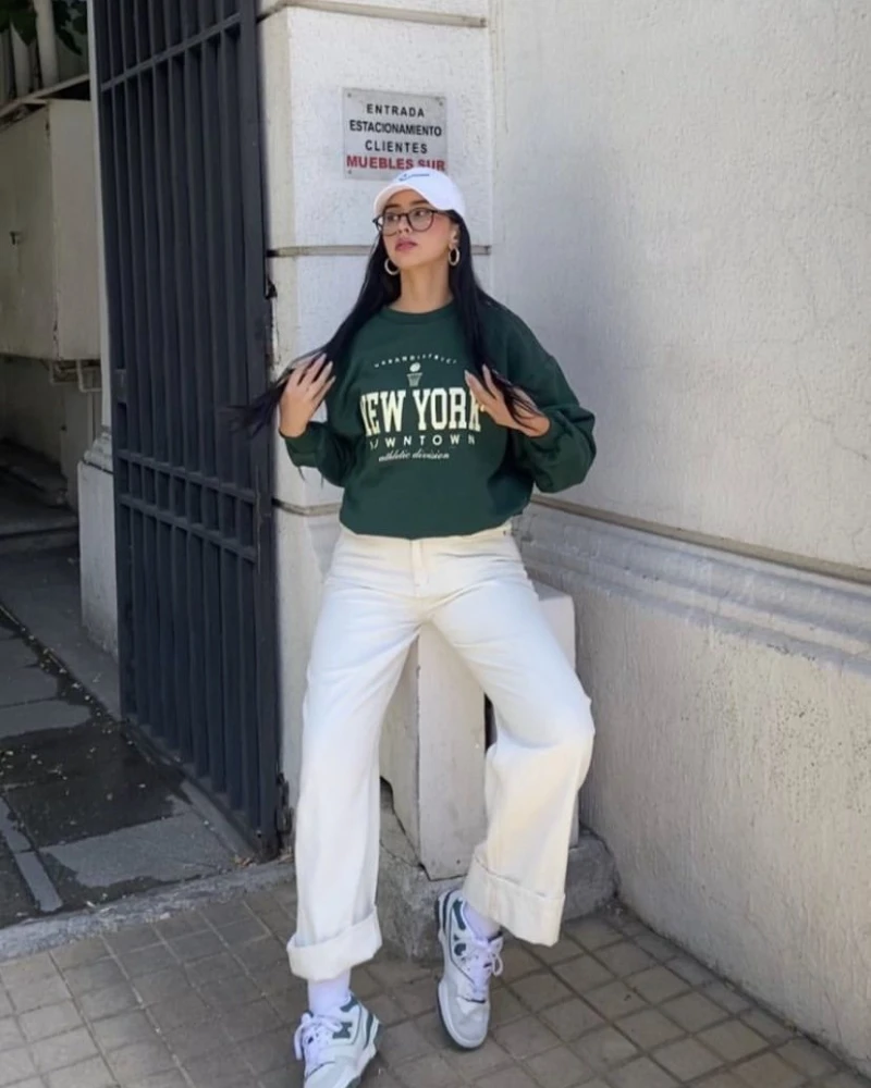 Green Graphic Sweatshirt, White Wide Leg Jeans, Cap