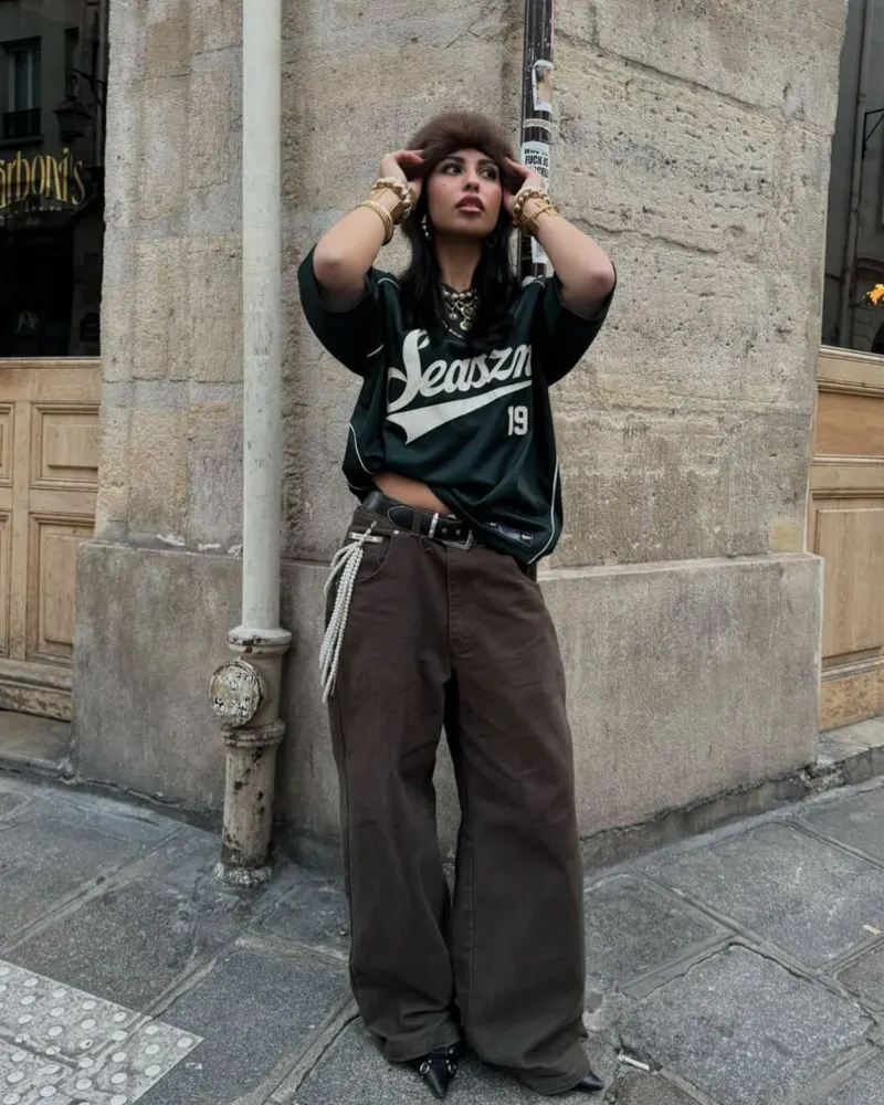 Green Graphic Top + Brown Trousers