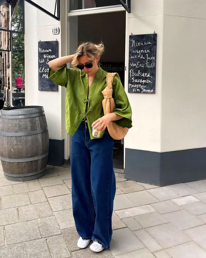 Green Linen Shirt and Wide Denim Jeans